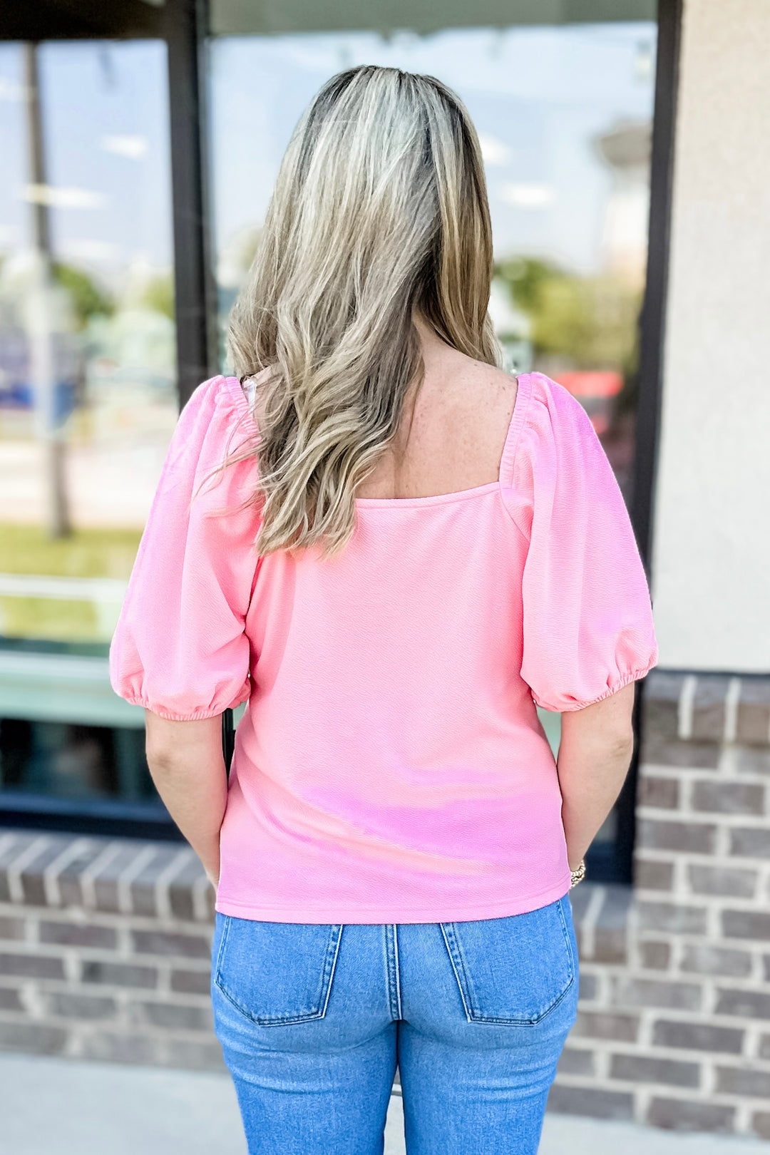 PINK SQUARE NECK PUFF SLEEVE TOP