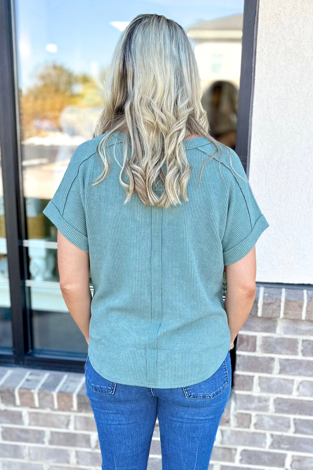 SAGE RIBBED VNECK TOP