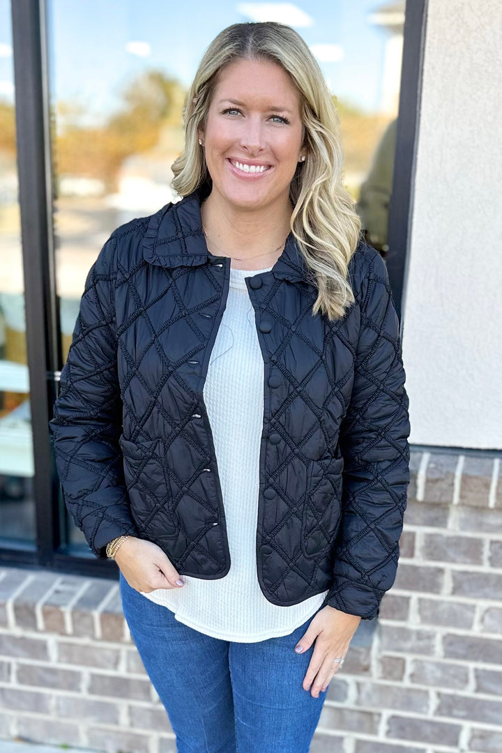 BLACK QUILTED RUFFLE TRIM JACKET