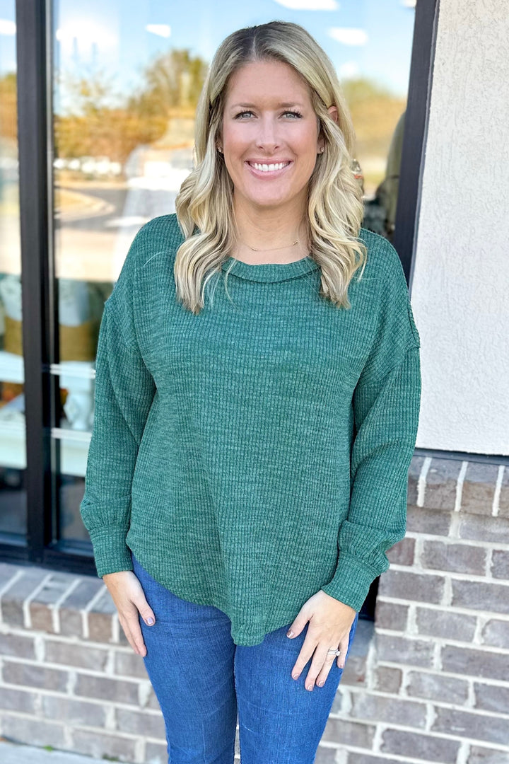 GREEN RIBBED LONG SLEEVE TOP