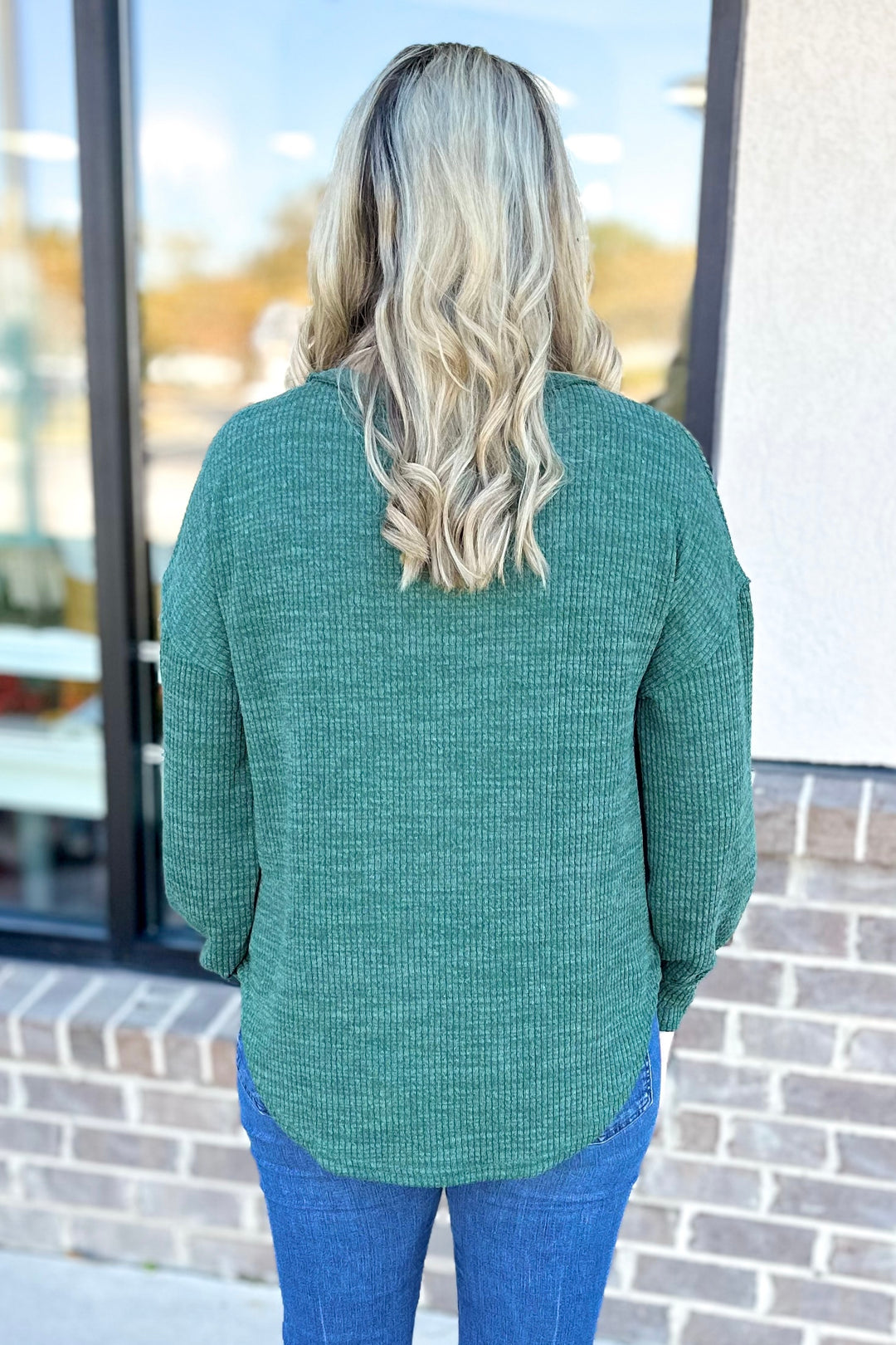 GREEN RIBBED LONG SLEEVE TOP