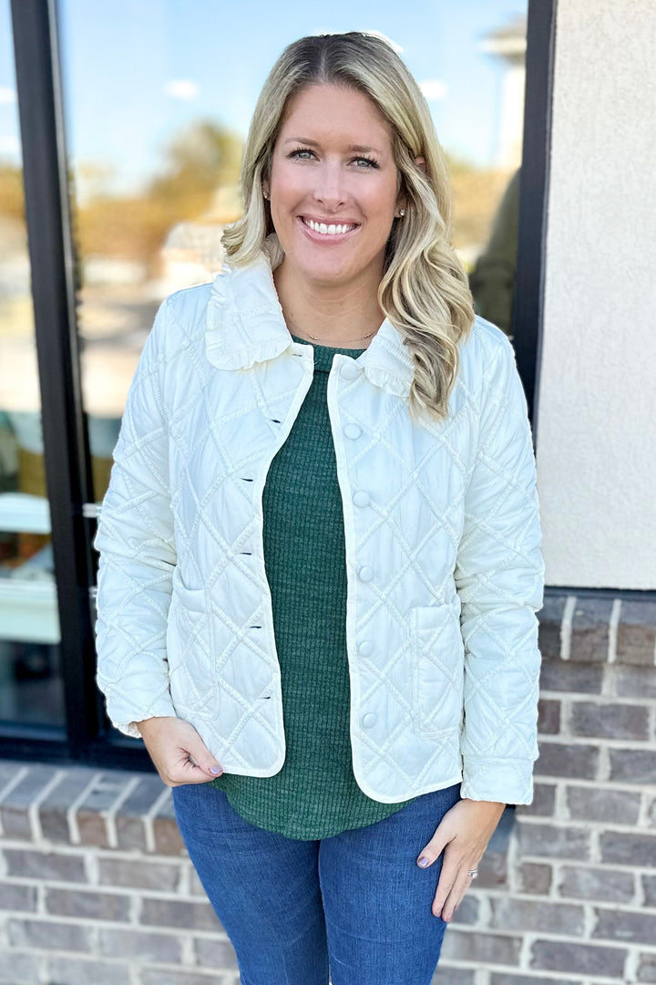 IVORY QUILTED RUFFLE TRIM JACKET