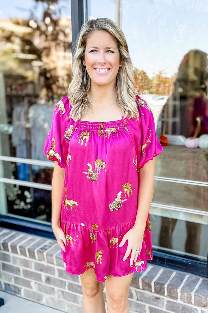 FUCHSIA LEOPARD SQUARE NECK DRESS