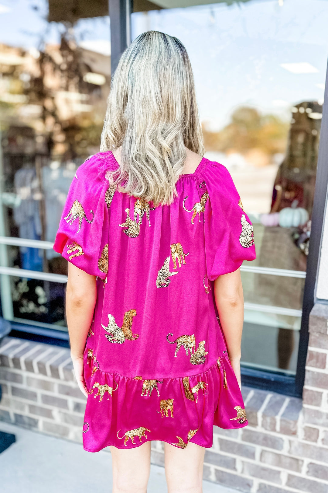 FUCHSIA LEOPARD SQUARE NECK DRESS