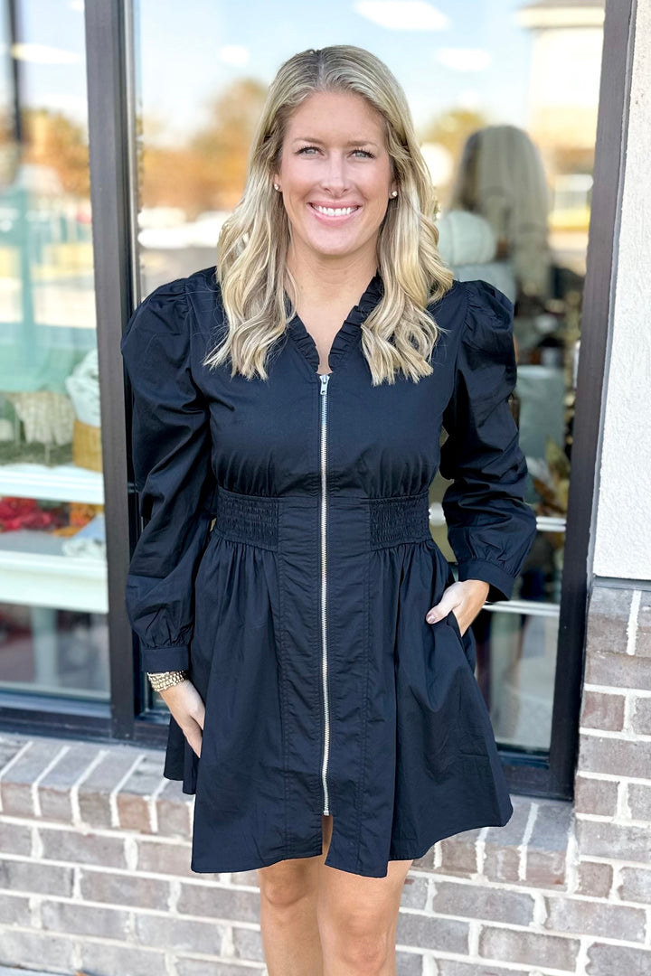 BLACK SMOCKED WAIST ZIP FRONT DRESS