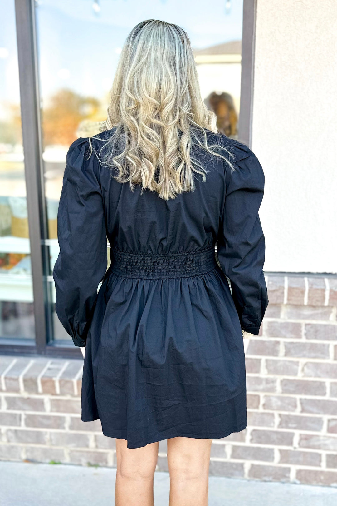 BLACK SMOCKED WAIST ZIP FRONT DRESS