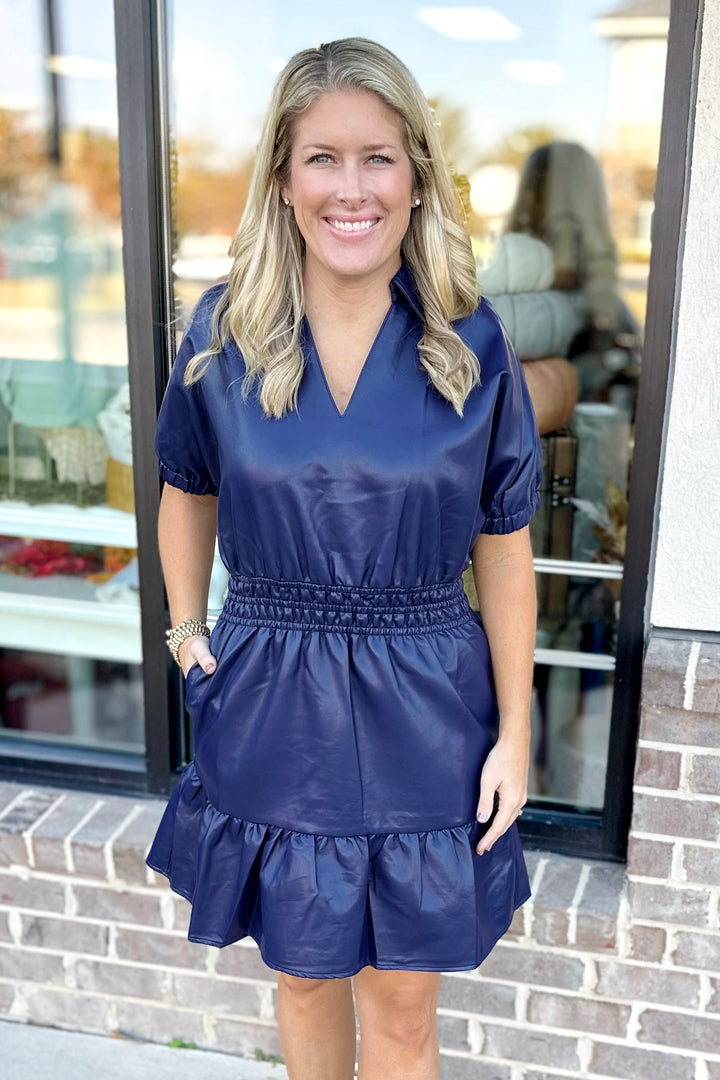 NAVY FAUX LEATHER SMOCKED WAIST DRESS