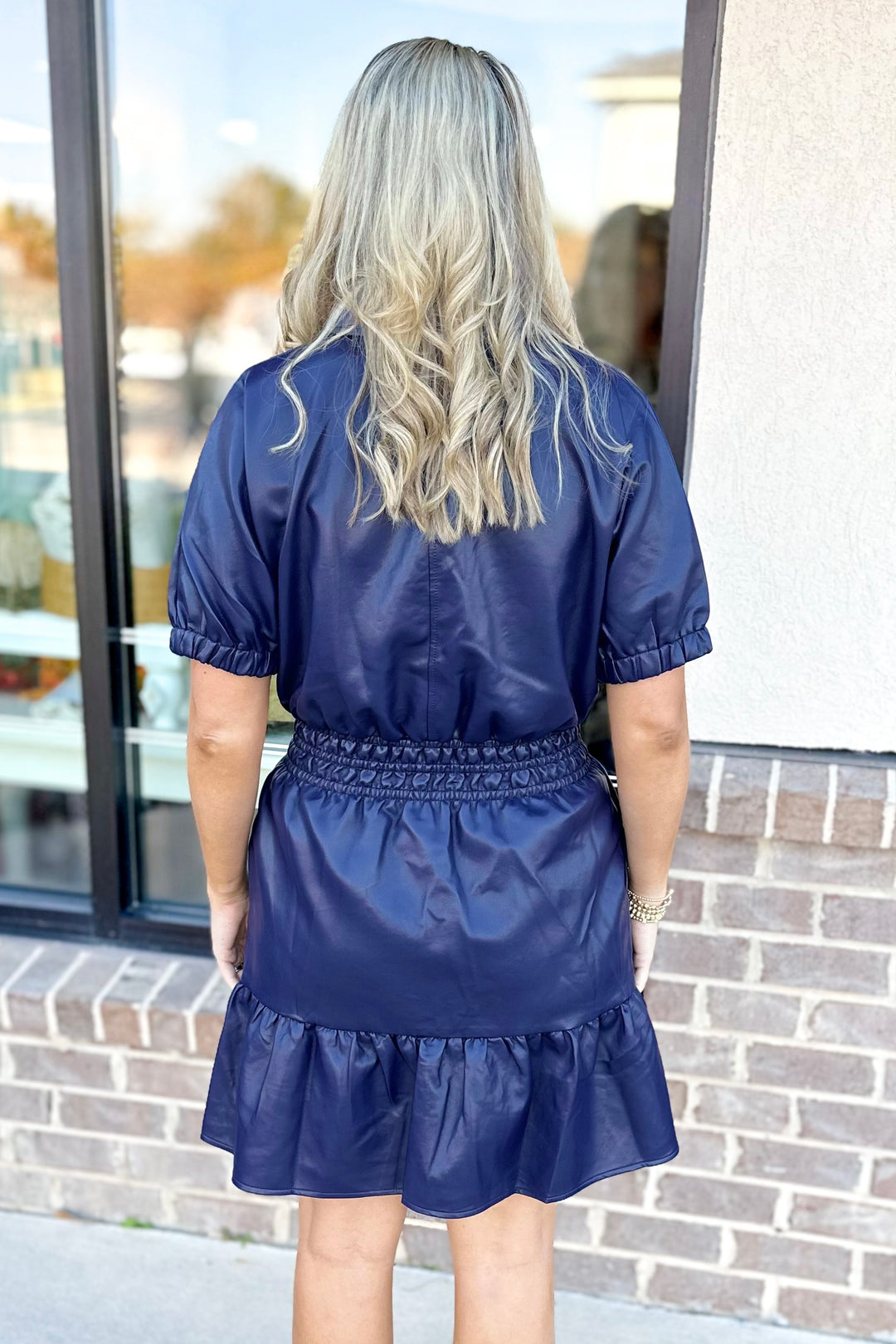 NAVY FAUX LEATHER SMOCKED WAIST DRESS