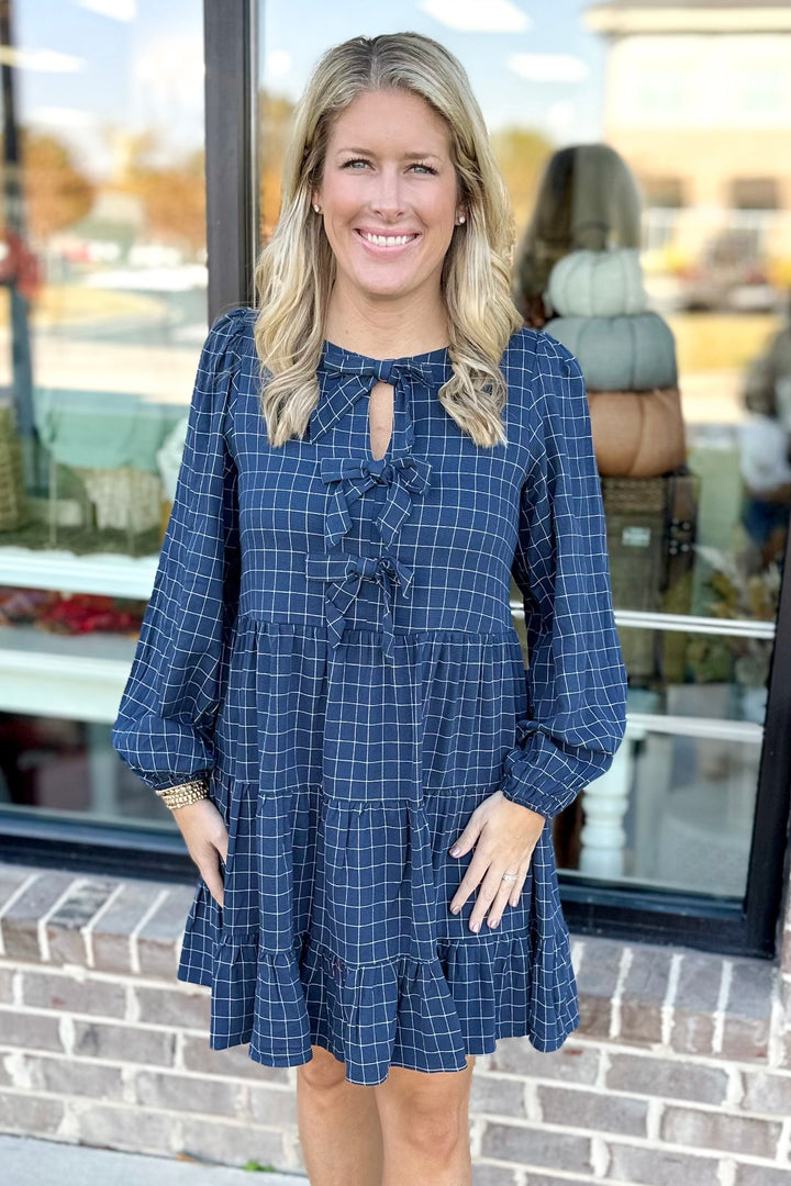 NAVY GRID PATTERN BOW FRONT DRESS