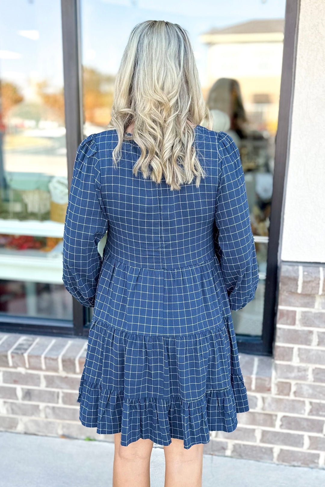 NAVY GRID PATTERN BOW FRONT DRESS