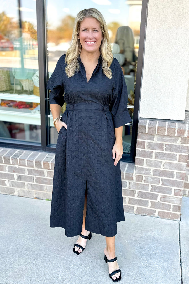 BLACK FLORAL TEXTURED SMOCKED WAIST MIDI DRESS