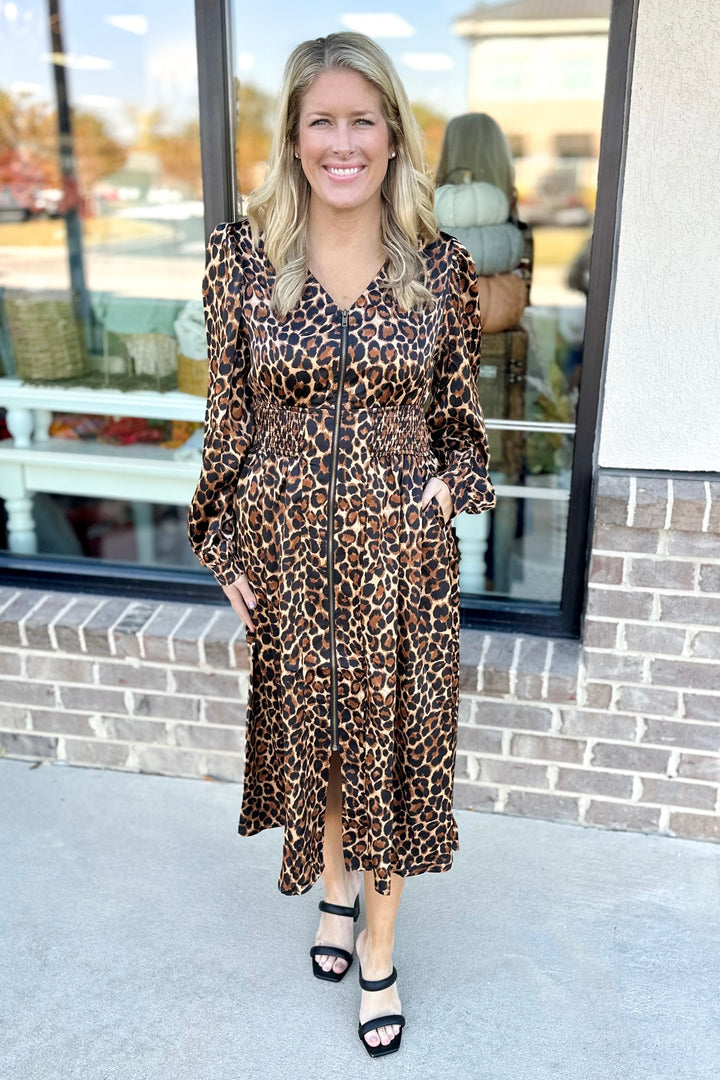 BROWN CHEETAH SMOCKED WAIST ZIP FRONT MIDI DRESS