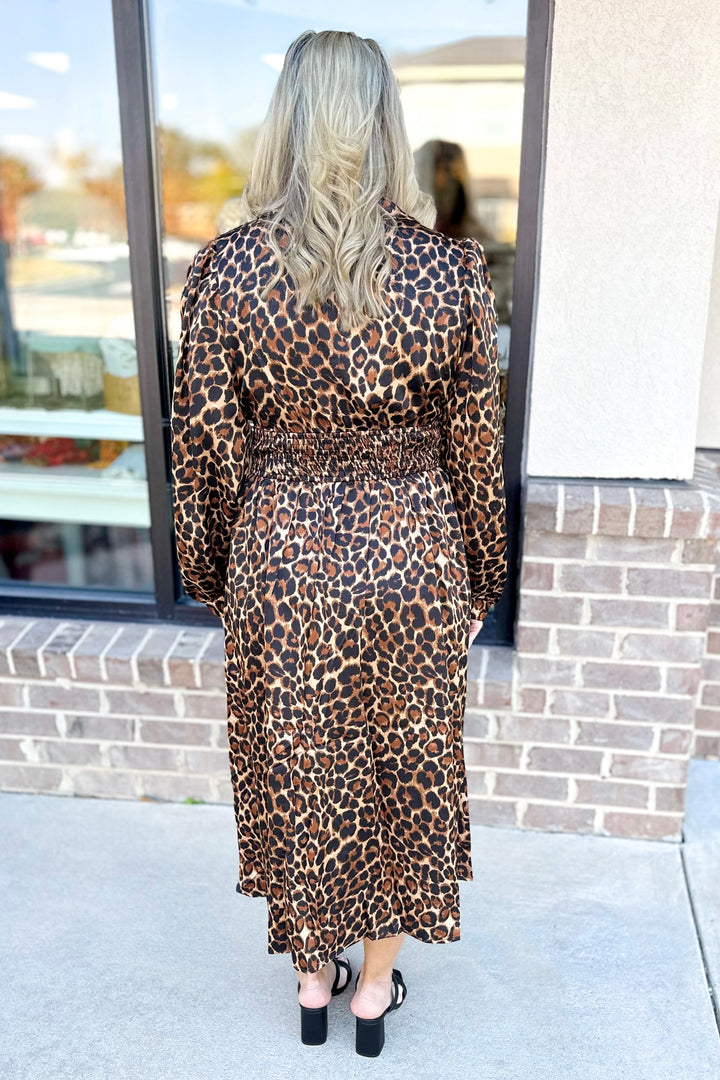 BROWN CHEETAH SMOCKED WAIST ZIP FRONT MIDI DRESS