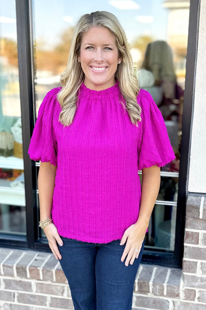 FUCHSIA TEXTURED PUFF SLEEVE TOP