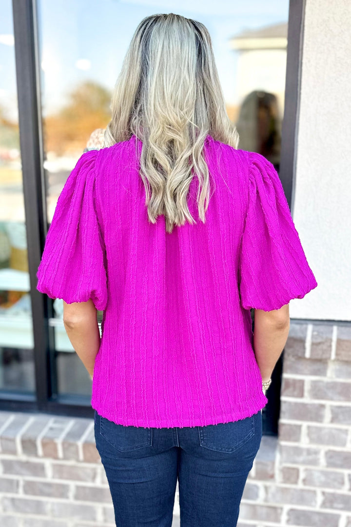 FUCHSIA TEXTURED PUFF SLEEVE TOP