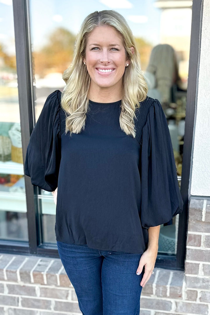 BLACK SMOCKED SHOULDER BALLOON SLEEVE TOP