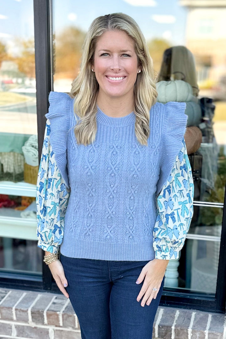 LIGHT BLUE BOW PRINT LAYERED SWEATER TOP