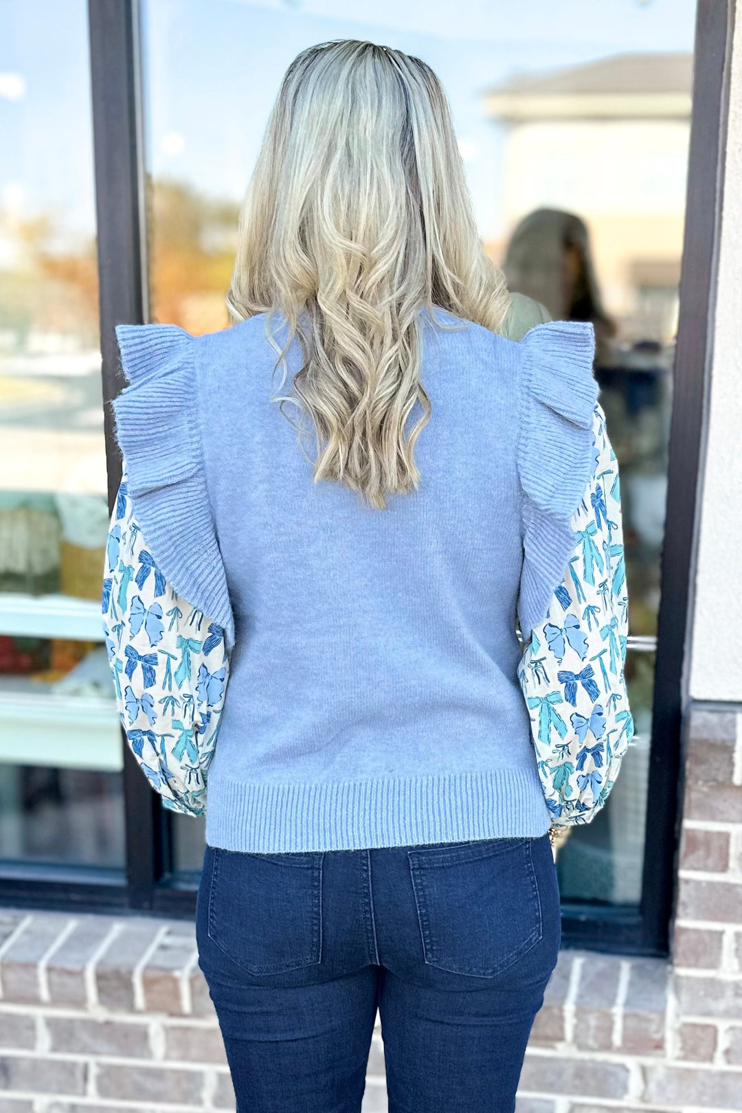 LIGHT BLUE BOW PRINT LAYERED SWEATER TOP