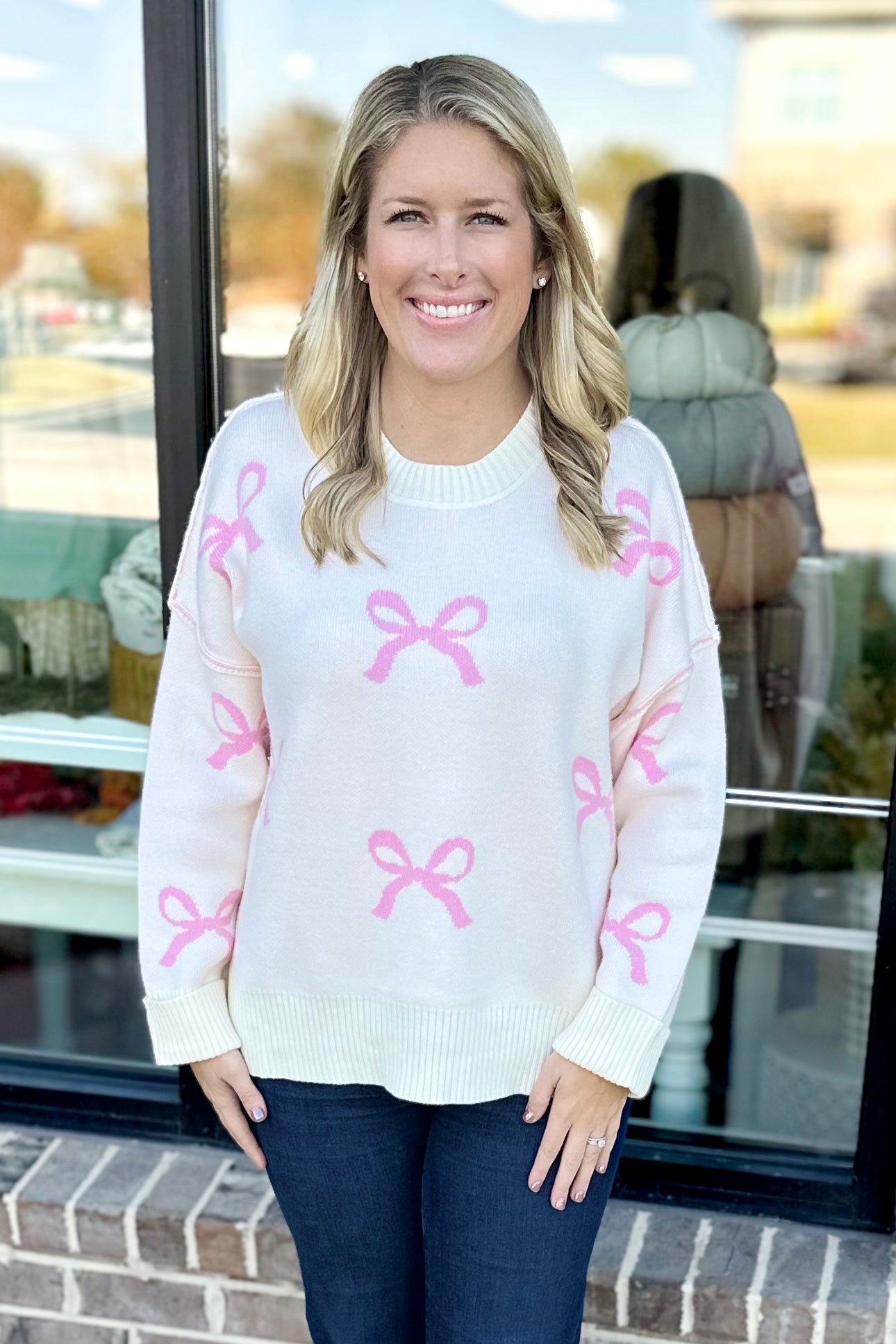 PINK CREAM BOW PRINT SWEATER Walker Boutique