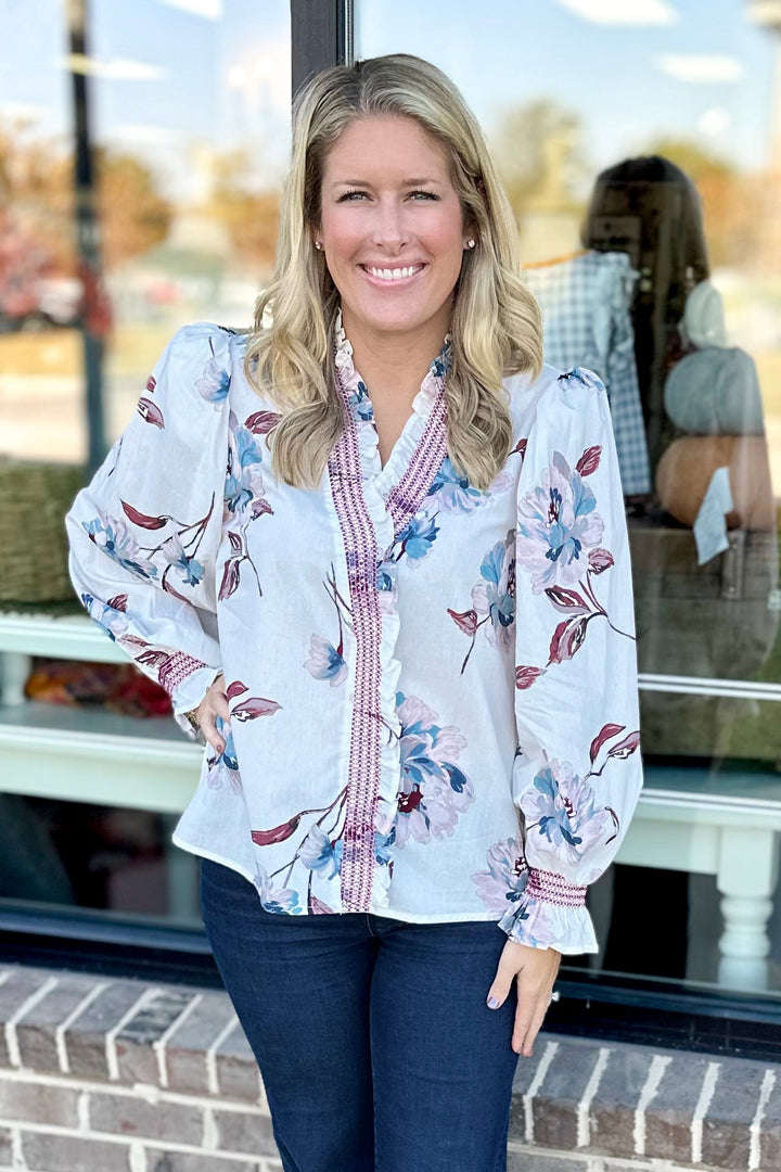 WHITE & BURGUNDY FLORAL SMOCKED RUFFLE TOP