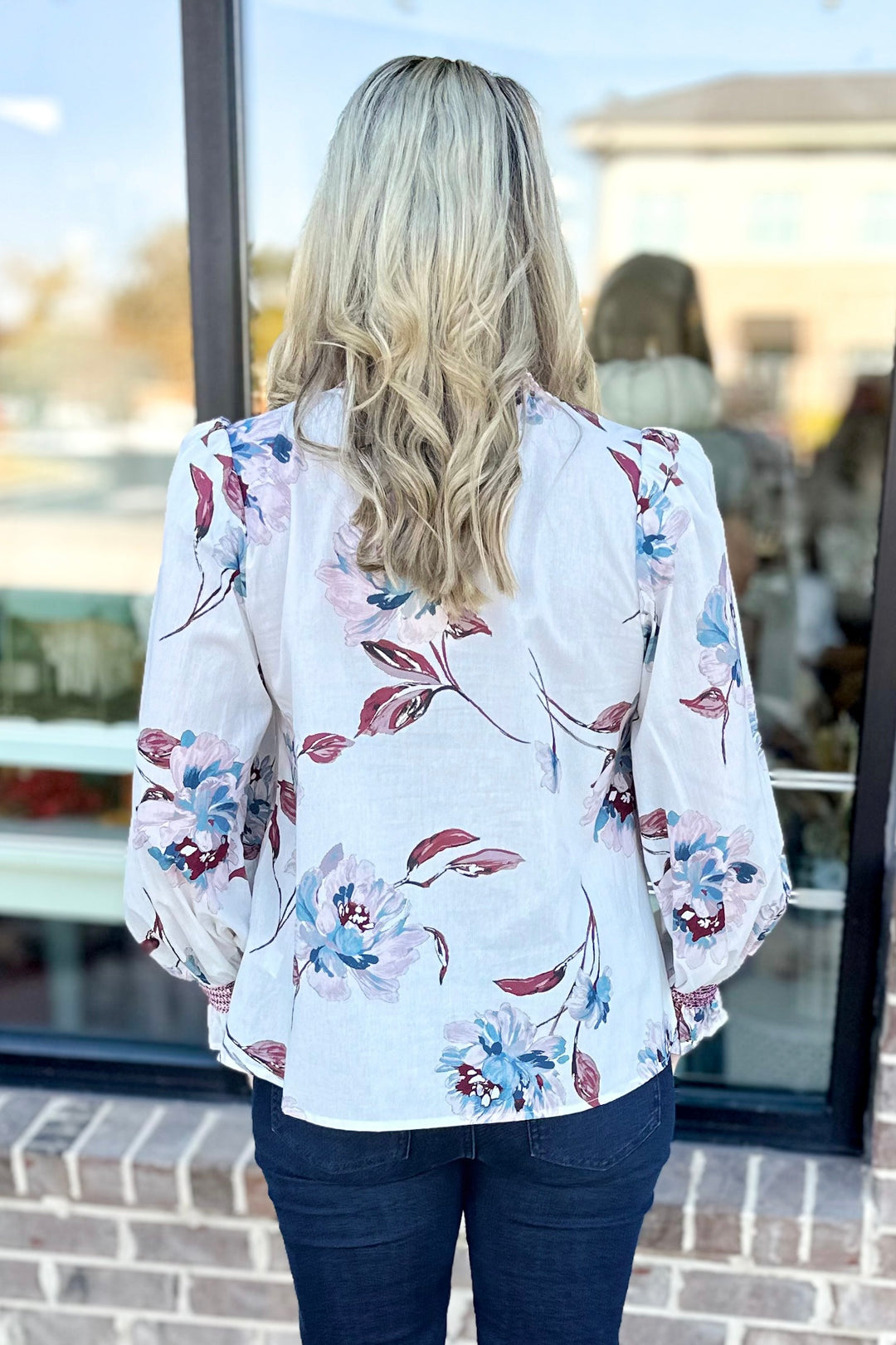 WHITE & BURGUNDY FLORAL SMOCKED RUFFLE TOP