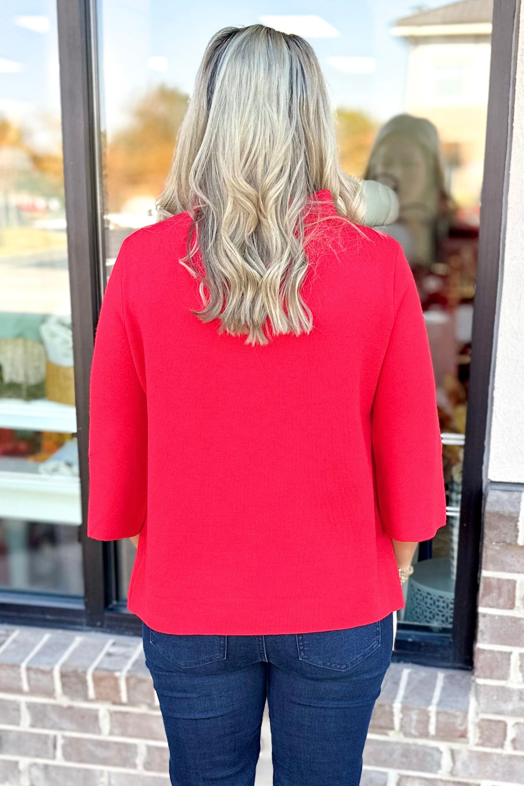 RED LUREX YARN MOCK NECK SWEATER