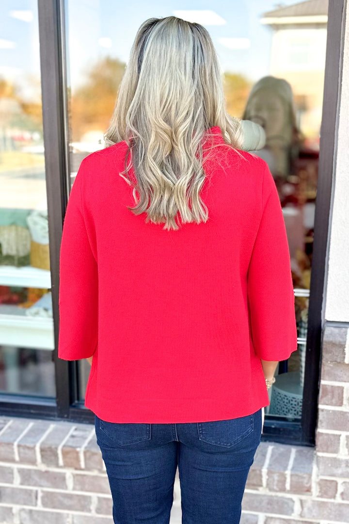 RED LUREX YARN MOCK NECK SWEATER