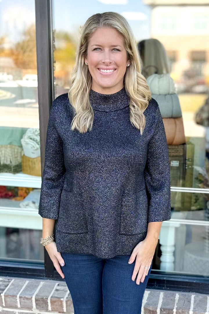 BLACK GLITTER YARN  MOCK NECK SWEATER