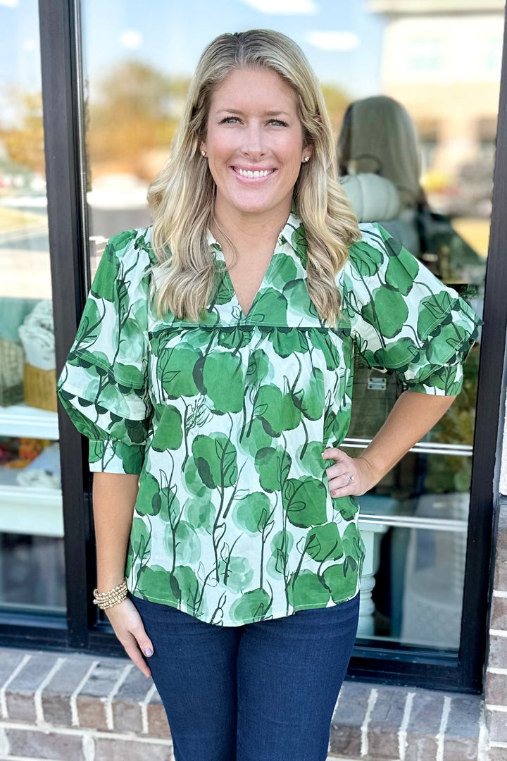 GREEN WATER COLOR SPOT SCALLOP TRIM COLLAR TOP