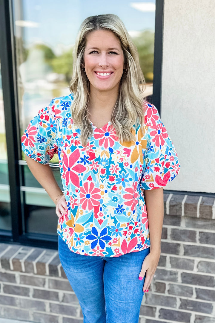 WHITE MULTI FLORAL SPLIT NECK BUBBLE SLEEVE TOP