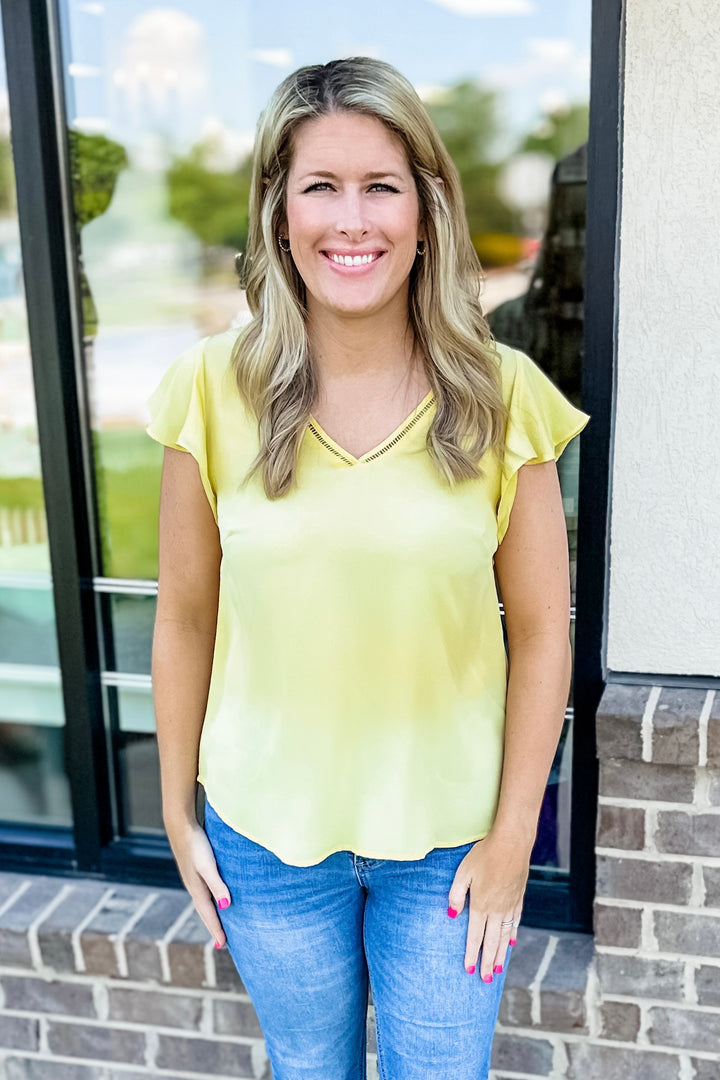 YELLOW VNECK FLUTTER SLEEVE TOP