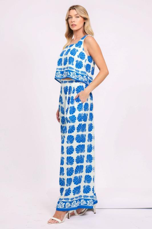 IVORY & BLUE SHELL PATTERN SLEEVELESS TOP & PANT SET
