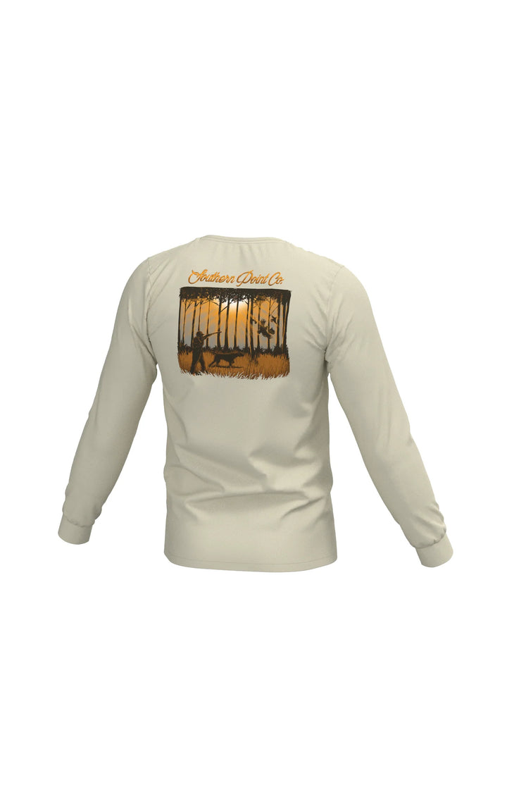 Beige long-sleeve shirt with graphic design on the back against a white background