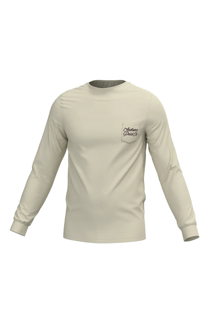 Beige long-sleeve shirt with a logo on a white background
