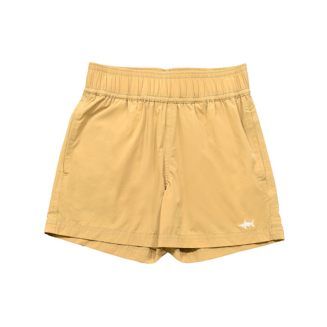 A pair of beige, Inlet Performance Shorts for boys, displayed against a white background.