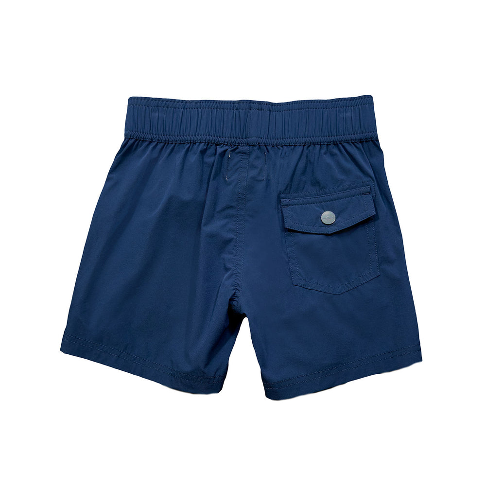 backside of navy inlet shorts with one back pocket