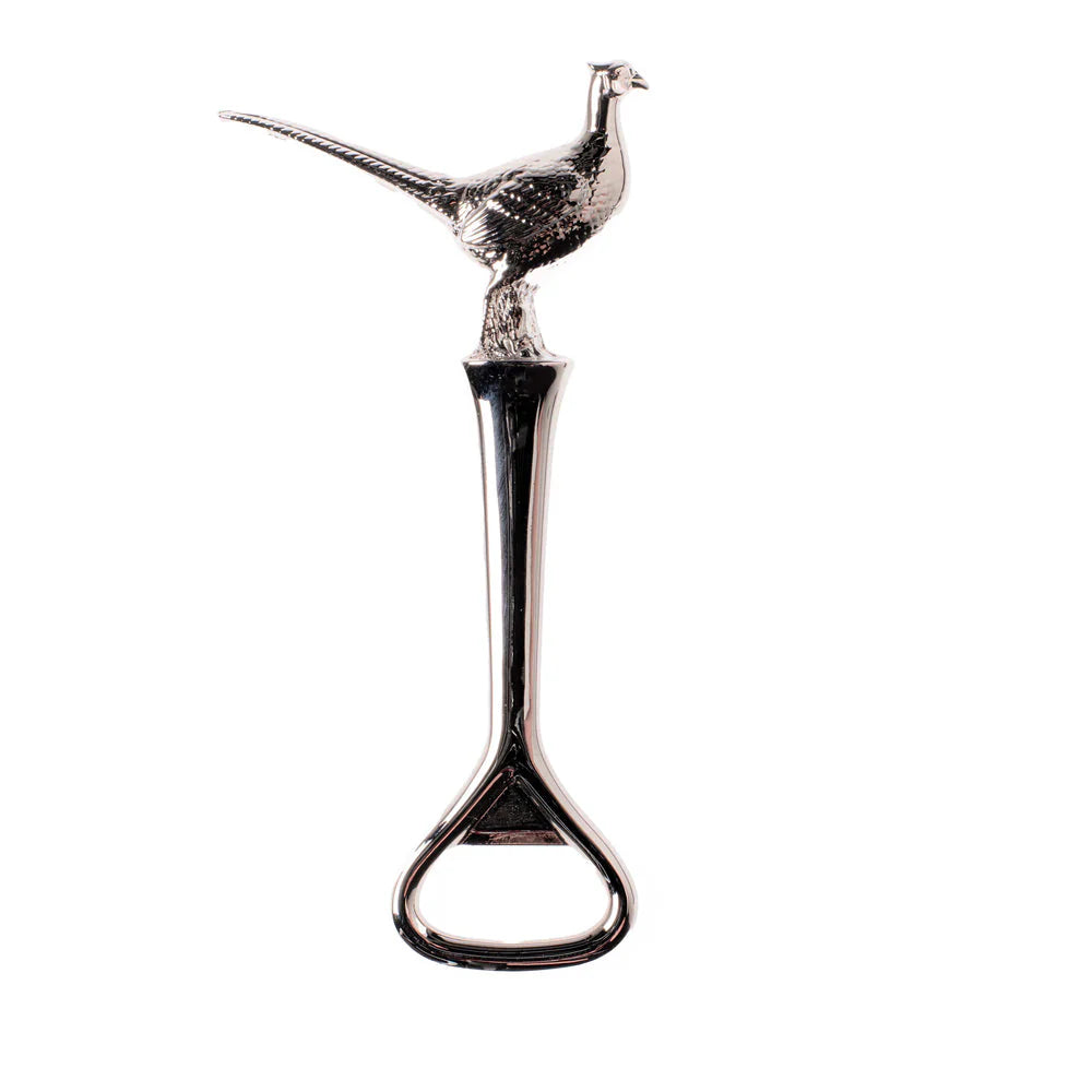 Metallic bottle opener shaped like a pheasant on a white background
