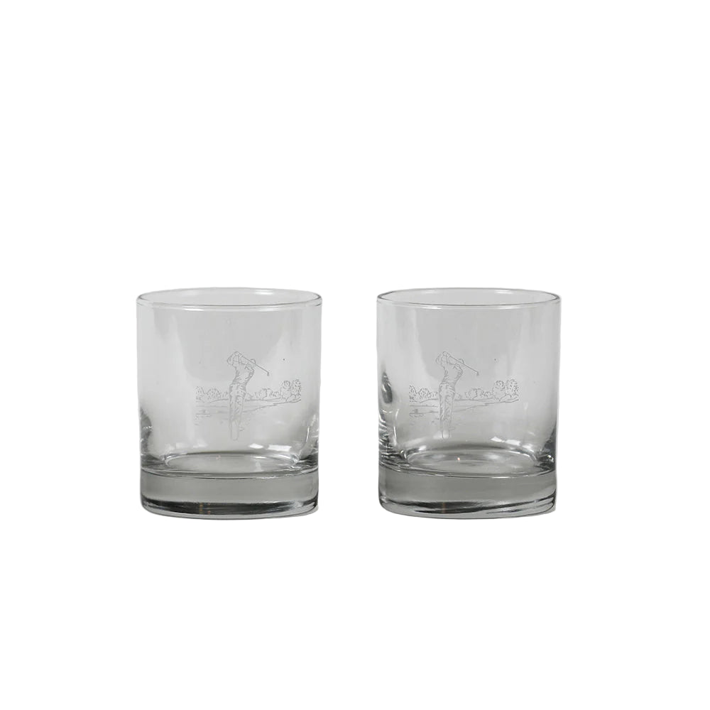 Two clear glass tumblers with engraved text on a white background