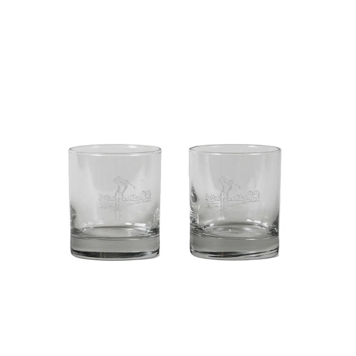 Two clear glass tumblers with engraved text on a white background