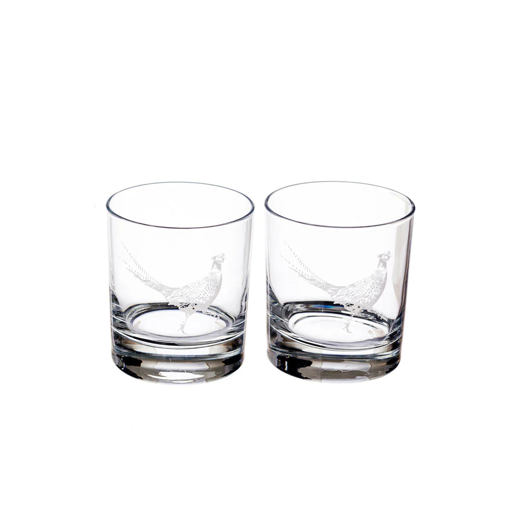 Two clear glass tumblers with engraved designs on a white background