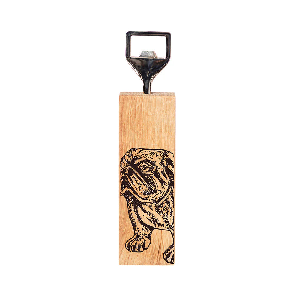 Wooden bottle opener with a dog design on a white background
