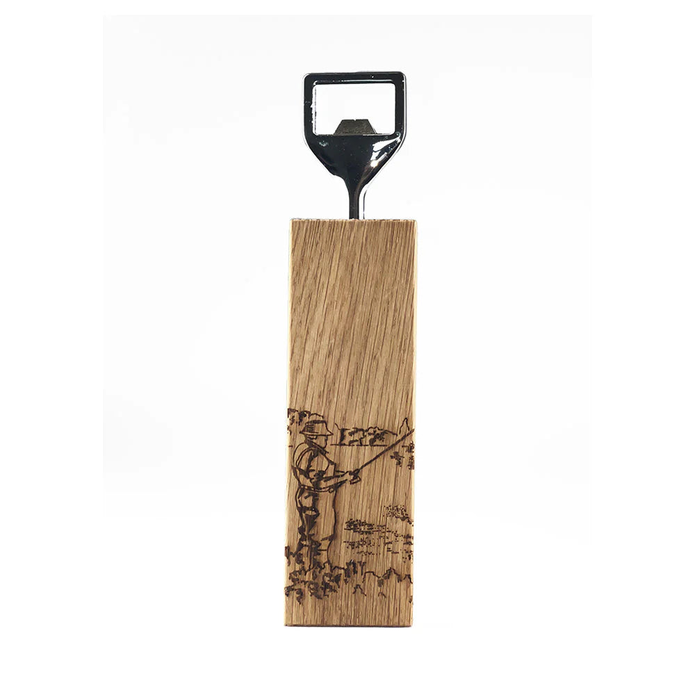 Wooden bottle opener with engraved design on a white background