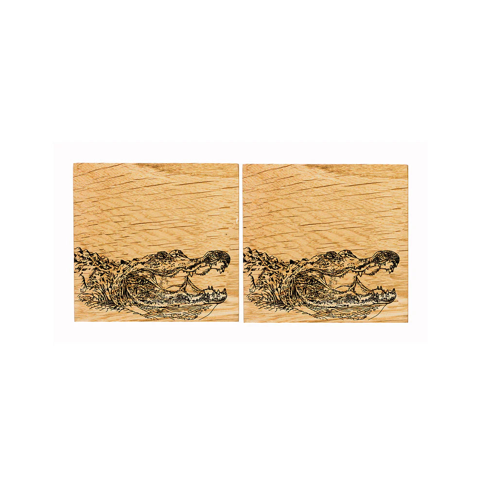 etched alliagtor motif on 2 oak coasters