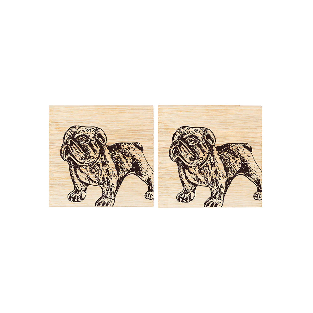 Two wooden stamps with a bulldog design on a white background