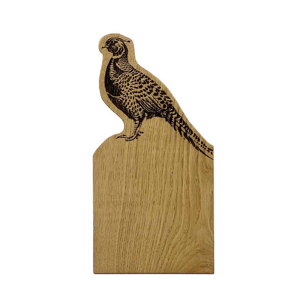 Wooden cutting board with a pheasant design on a white background