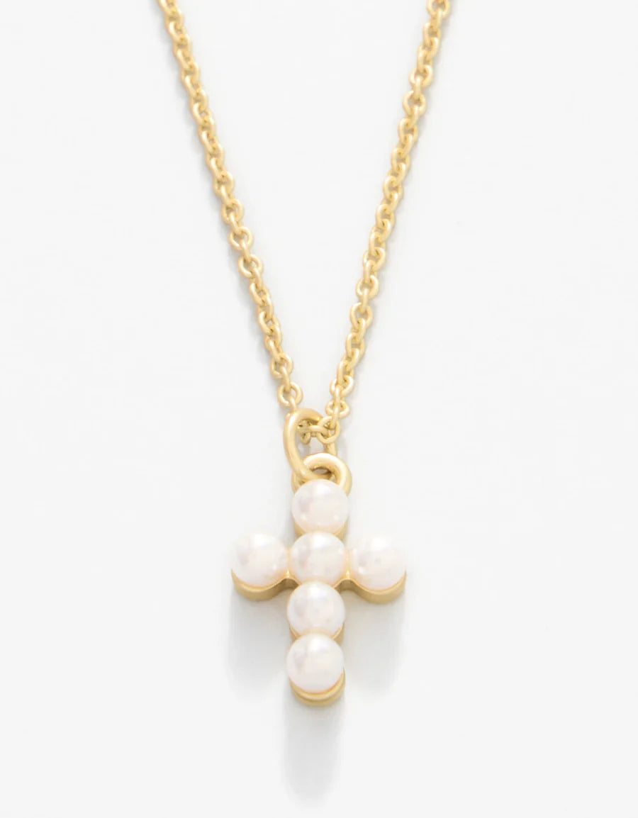 Gold necklace with pearl pendant on a white background