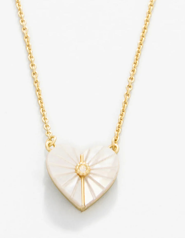 Heart-shaped pendant necklace with gold chain on a white background