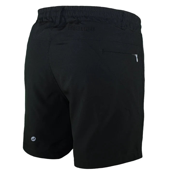 Black shorts with a brand logo on a white background