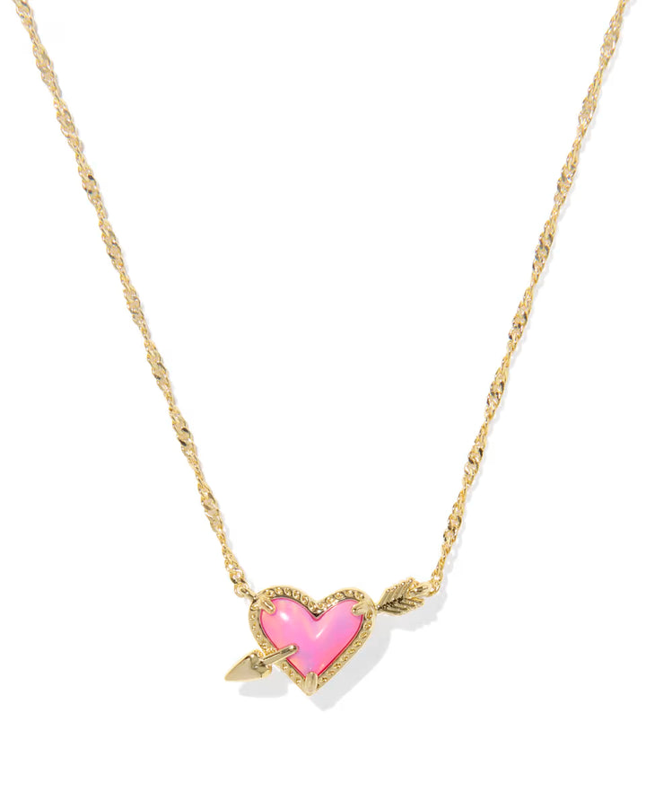 ARI HEART ARROW SHORT PENDANT NECKLACE, GOLD PINK OPALESCENT RESIN