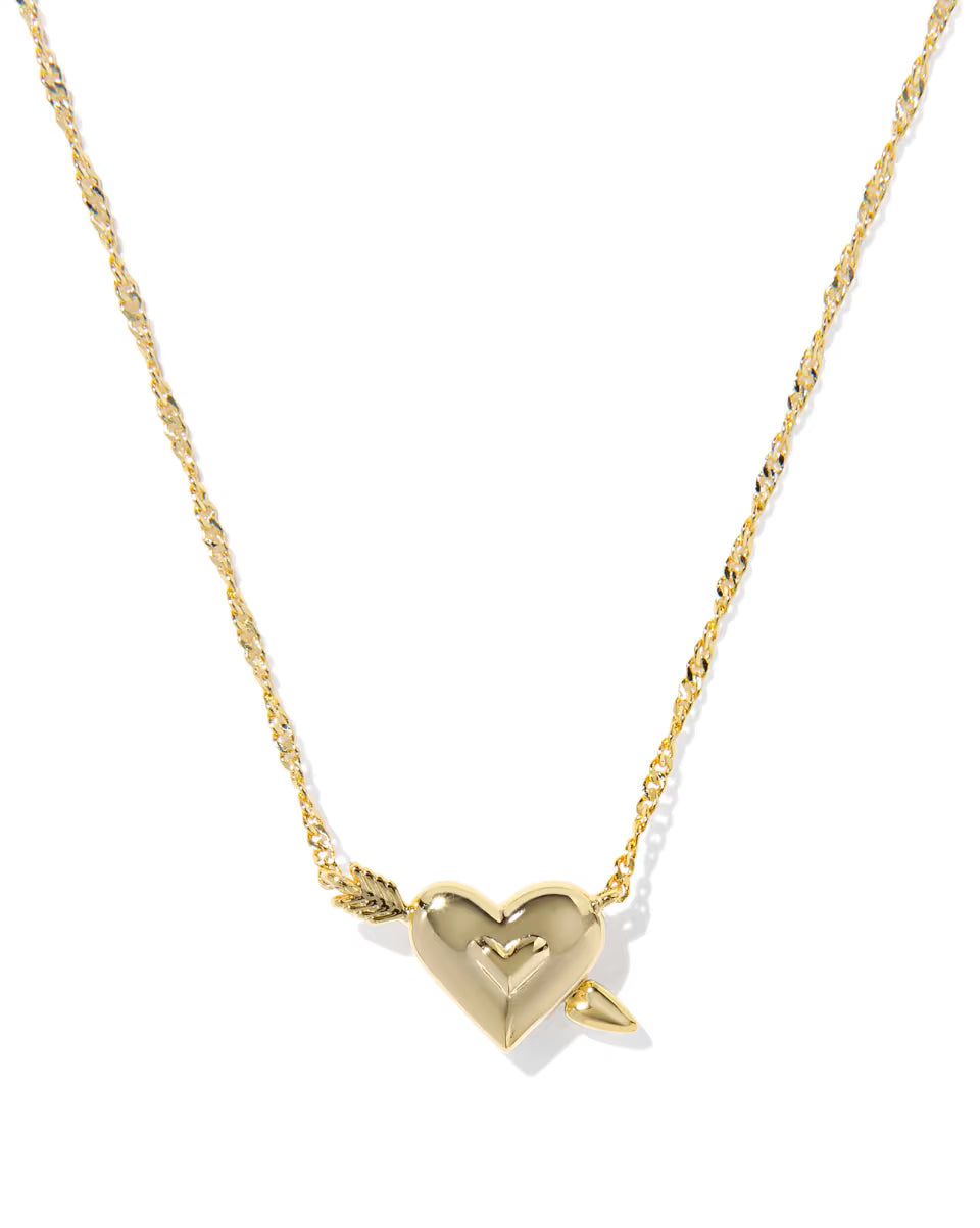 ARI HEART ARROW SHORT PENDANT NECKLACE, GOLD PINK OPALESCENT RESIN